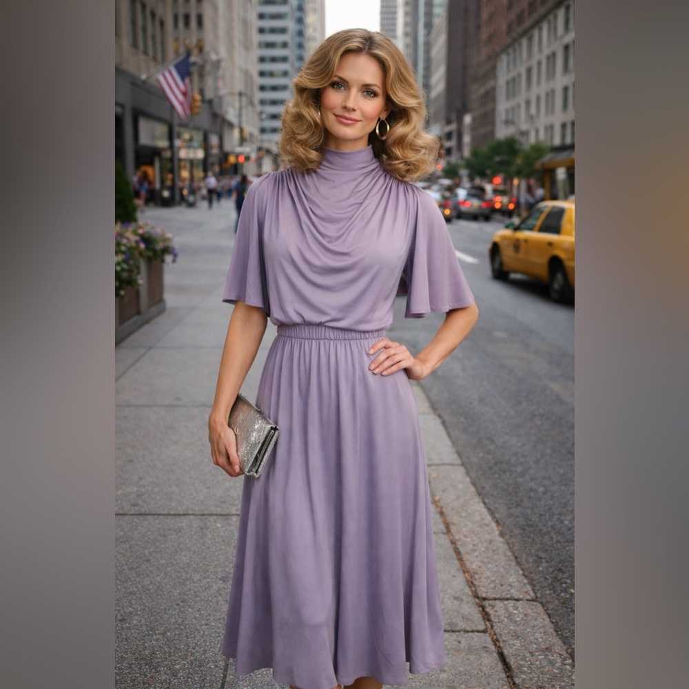 BEEGE JW VTG 70's 80's Lavender High Neck Drape Front Flutter Sleeve Sash Dress